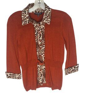 Notations Cardigan Sweater Womens Petite Small Rust Leopard Trim Belted 3/4